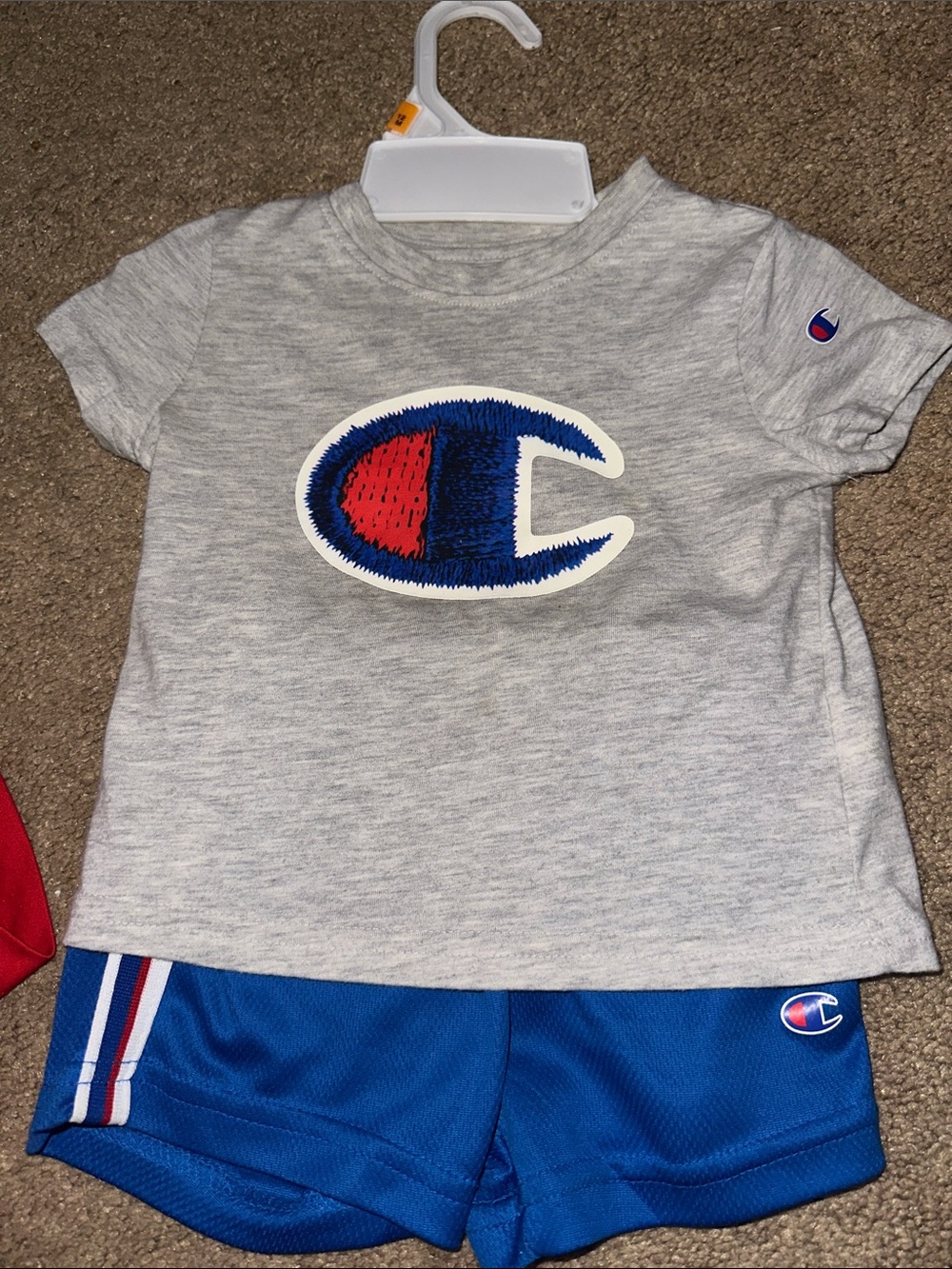 Champion Gray Tee with Blue & Red Logo and Blue Shorts Set